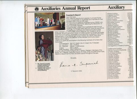 Auxiliaries Annual Report with image of Auxiliary President Mrs Tripovich accepting cheques and at the podium