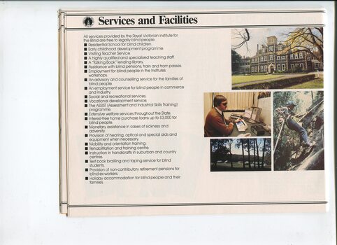 List of Services provided and images of St Kilda Road building, switchboard operator, abseiling participant and campground