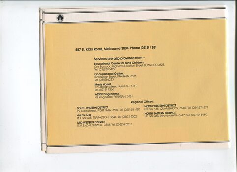 List of addresses for regional offices, mens hostel, Burwood school, occupational centre and ASSIST program