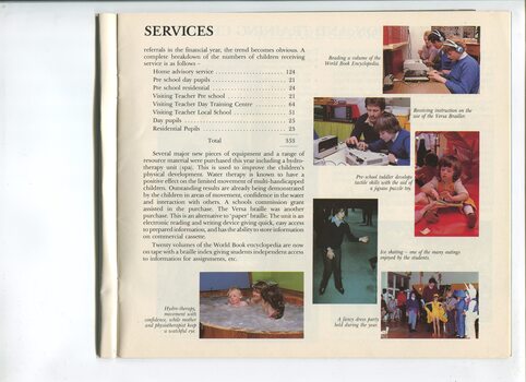 Update on Children's Services and images of students listening to audio books, using a Versa Brailler, playing with a tactile toy, ice skating, in the hot tub and at the dress up party