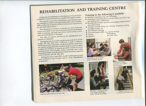 Update on rehabilitation and images of people preparing bikes for a ride, learning to type, use a Brailler and a switchboard, and using a long cane on a stairs