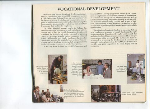 Update on vocational development and images of people using a circular saw and lathe, working in a hospital and demonstrating accessible computers