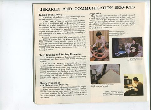 Update on the library and images of people recording books, listening to books, using a CCTV and of the book catalogue in various formats
