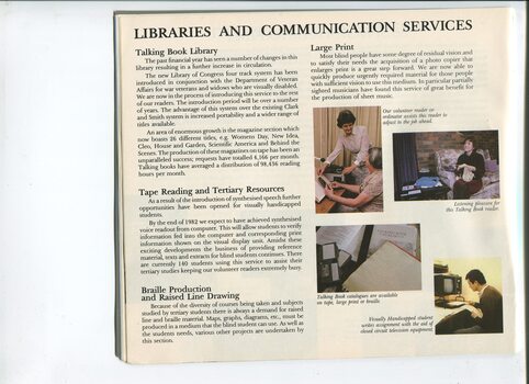 Update on the library and images of people recording books, listening to books, using a CCTV and of the book catalogue in various formats