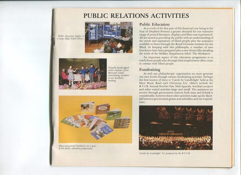 Update on public relations and images of Carols by Candlelight, educational brochures, children playing music on stage and a display at a school