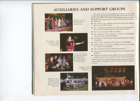 Update on Auxiliaries and support groups with images of Carols by Candlelight, cheque presentations, organ demonstration and HMAS Torrens runners
