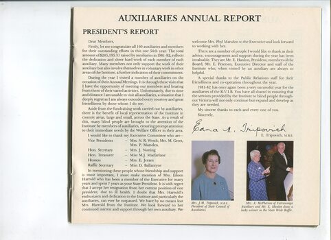 Auxiliaries report with portrait of President Edna Tripovich and Mrs McPherson and Ted Hanlon drawing a raffle winner