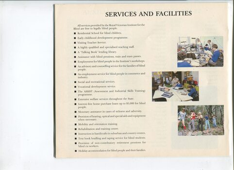 Overview of services and facilities with images of students with braillers in classroom and people bushwalking
