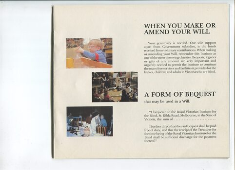 Form of bequest with images of child putting object into a glass bottle, children eating at school and display of crafts at rehabilitation centre