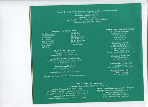 List of Main Office Bearers, including consulting medical staff and Patrons
