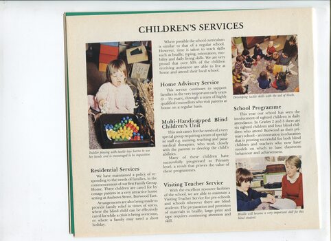 Services provided to children and pictures of toddler and children playing with tactile toys, and boy checking Braille on his Duxbury