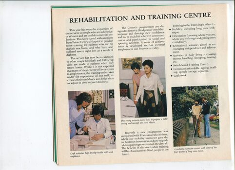 Overview of rehabilitation services provided, pictures of man doing pottery, woman learning to set a table and male learning to use a long cane