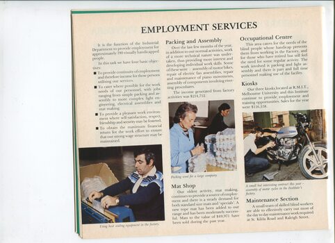 Overview of employment services and pictures of man using heat sealer, women packaging wool and man assembling a motorbike