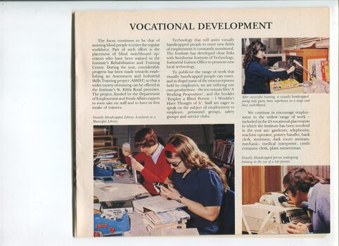 Report on vocational development and pictures of women mending or labelling books, man using a tele-printer and female switchboard operator