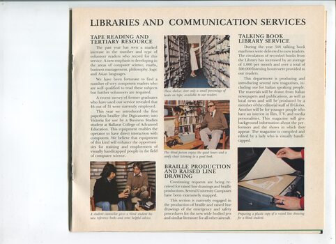 Overview of the library services and pictures of man giving another cassettes, woman picking tapettes, male listening to tapette and women using thermoform.