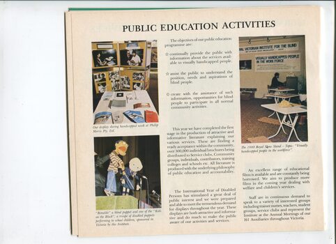Overview of public education activities and pictures of displays and 'Renaldo' puppet in action on stage