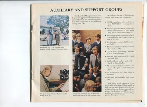 Overview of auxiliaries and support groups with pictures from presentations to Life Governors, Isobel Harley reading and Alexander brothers visiting Burwood School 