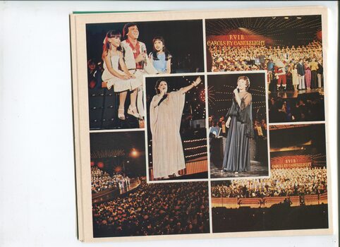Pictures from Carols by Candlelight: Normie Rowe with two children, two singers and three pictures of the stage and crowds