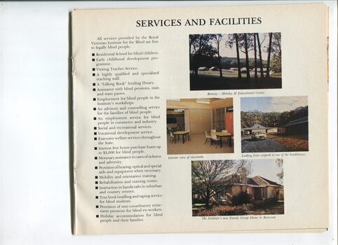 Listing of services and facilities with pictures of Romsey and its classrooms and bunkhouse, and new Family Group home in Burwood