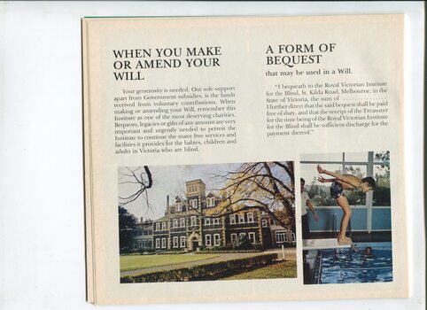 Advice on wills and bequests, with pictures of St Kilda Road building and man about to jump into swimming pool