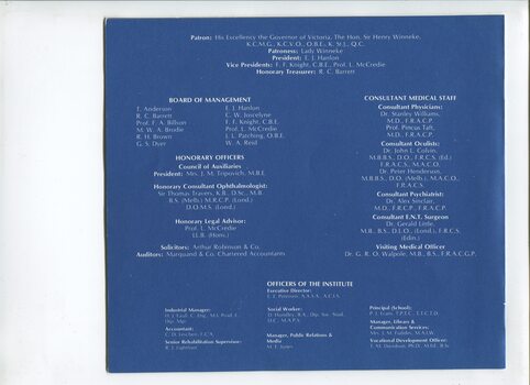 List of Main Office Bearers, including consulting medical staff and Patrons