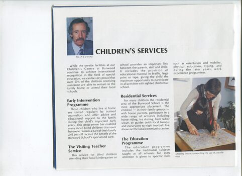 Overview of Children's services and image of a student learning how to read a tactile map