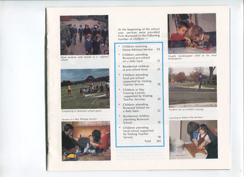 Statistics on children's services and images of children playing at home and kinder, cutting a carrot, walking across a road and with a group and competing in shot put