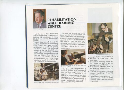 Overview of rehabilitation services and images of people walking around a waterhole, reading using a Kurzweil Reading Machine and doing switchboard training