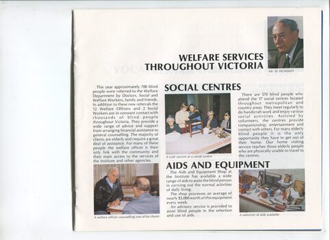 Overview of welfare services and images of equipment, in a craft session, with a welfare worker and portrait of D. Hundley.