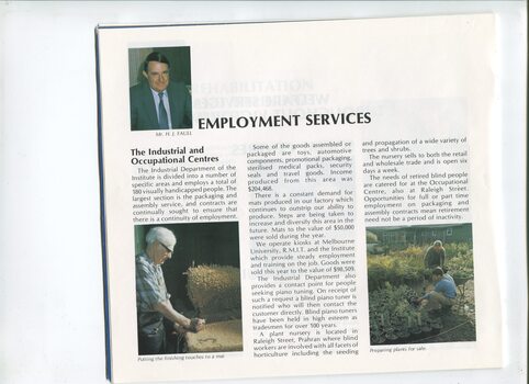 Overview of employment services and images of man finishing a mat and two men in a nursery, and portrait of H.J. Faull.