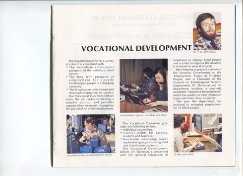 Overview of vocational development and images of people on a switchboard, on an assembly line, entering data on to a computer and portrait of Dr T.M. Davidson