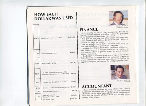 Finance overview with diagram showing how each dollar is used, and portraits of E.E. Petersen and C.D.Leschen
