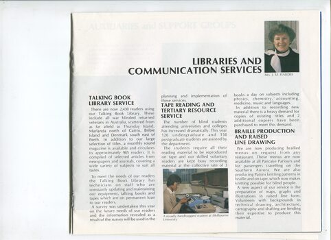 Overview of library services and portrait of J.M. Fialides and a student at Melbourne University and a talking book