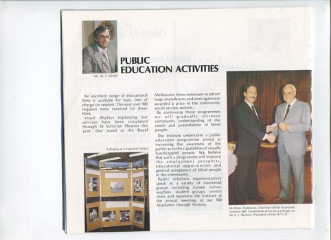 Overview of public education and images of a display at a library and Peter Anderson presenting a cheque to E.J. Hanlon
