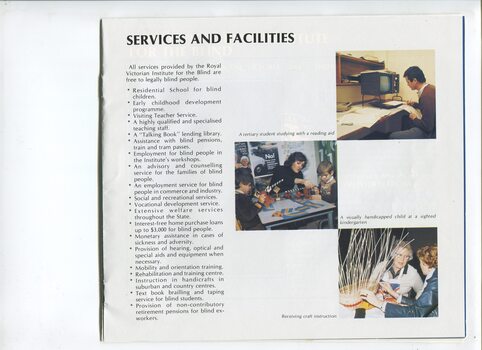 Overview of services and facilities and images of a student using a CCTV, two boys at kindergarten and a woman talking to another as a basket is woven