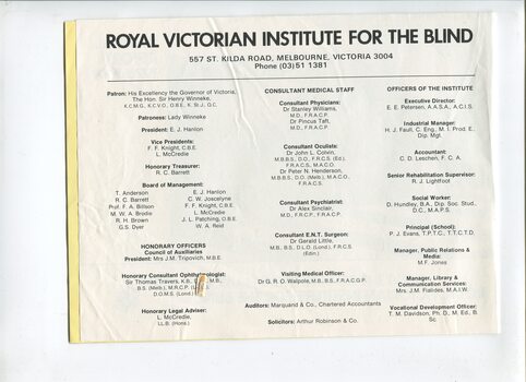List of Main Office Bearers, including consulting medical staff and Patrons