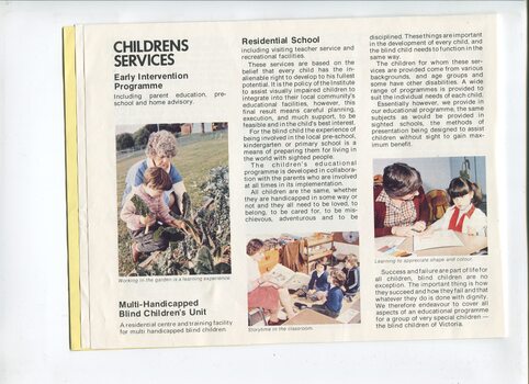 Overview of children's services and images of children picking silver beet, listening to a story and feeling shapes and colours