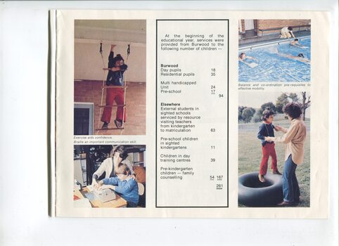 Children's services statistics and images of children climbing, swimming, jumping on a tire and climbing up a rope ladder