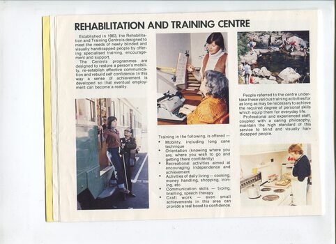Overview of rehabilitation services and images of people exiting a tram, cooking, learning to type and at a waterhole.