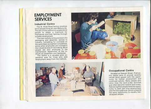 Overview of employment services and images of assembly line putting on knobs and packaging objects at Raleigh Street