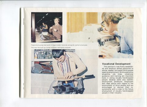 Overview of vocational development and image of man on assembly line in large factory and another restringing a tennis racquet