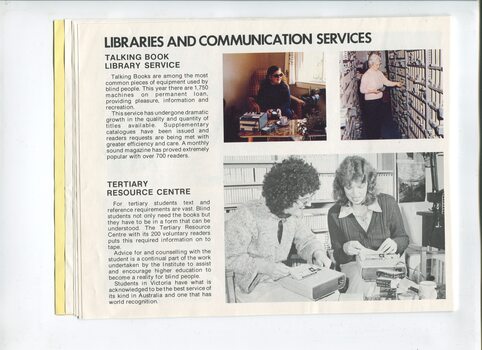 Overview of library services and images of people listening to talking books, retrieving tapettes from shelves and checking tapes