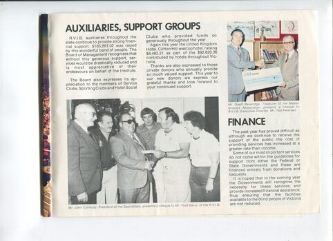 Auxiliaries and finance overview with images of John Carmody handing cheque to Fred Berry and Geoff Beveridge handing cheque to Ted Petersen