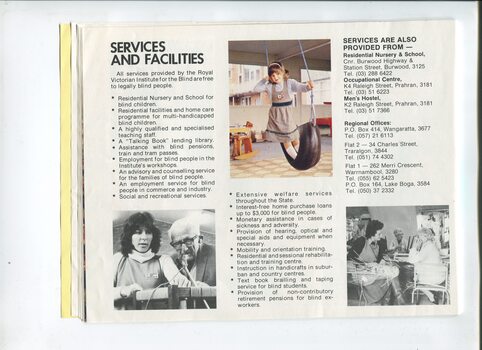 Overview of services and facilities with images of girl swinging on tire and weaving done with helpers in different centres