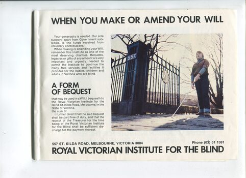Form of Bequest and image of person at gates of RVIB facing outwards towards St Kilda Road