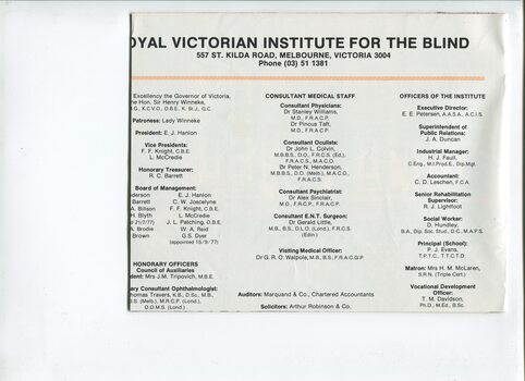 List of Main Office Bearers, including consulting medical staff and Patrons
