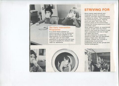 Overview of children's service and images of children eating, drinking, crawling and touching a wooden mobile