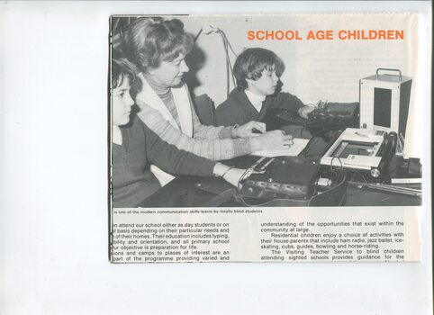 Overview of educational services and images of students using a talking book machine
