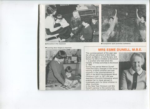  Overview of educational services and images of students in the classroom and in the pool, and portrait of Matron Esme Dunell.