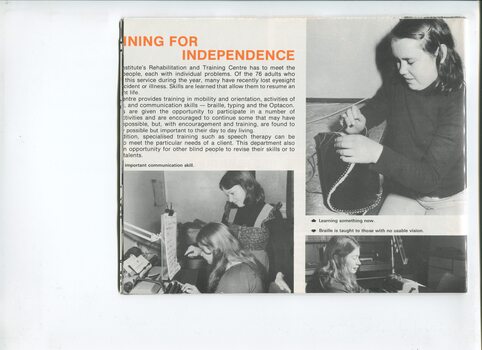 Overview of rehabilitation services provided and images of people learning typing, sewing and reading Braille
